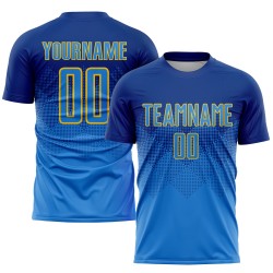Uniforme de fútbol personalizado por sublimación, camiseta azul real y dorada.