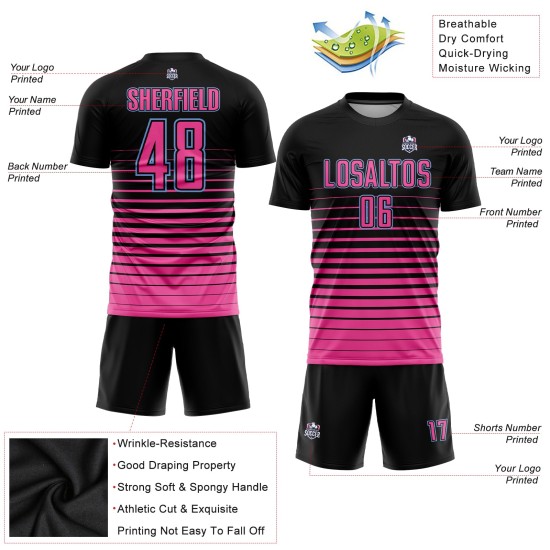 Camiseta de fútbol personalizada negra con sublimación de moda, con rayas rosa y azul claro
