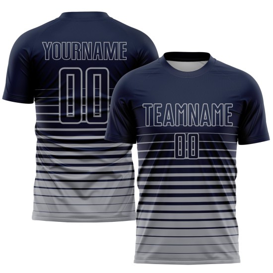 Uniforme de fútbol personalizado de moda con raya diplomática azul marino, camiseta de sublimación gris