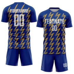 Camiseta de fútbol personalizada dorada con sublimación, color blanco y zigzag antiguo.