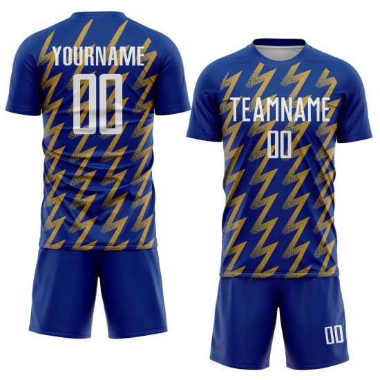 Camiseta de fútbol personalizada dorada con sublimación, color blanco y zigzag antiguo.