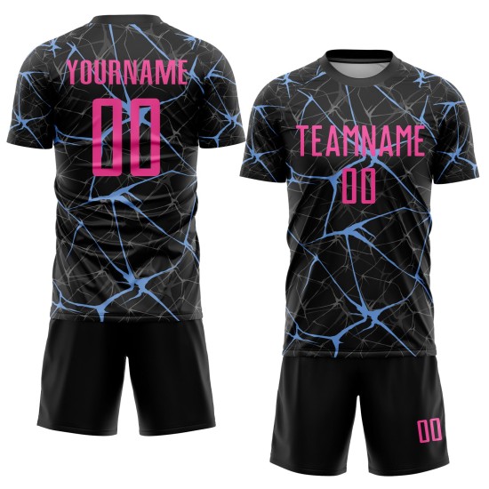 Camiseta de uniforme de fútbol negra sublimada rosa-azul claro personalizada Camiseta de uniforme de fútbol negra sublimada rosa-azul claro personalizada