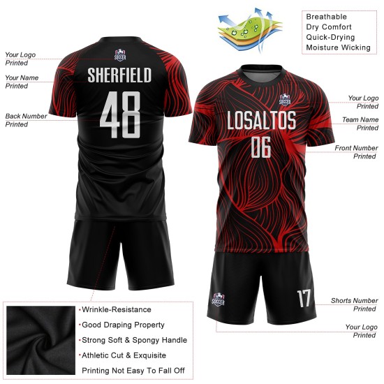 Uniforme de fútbol personalizado sublimado blanco y rojo, camiseta negra