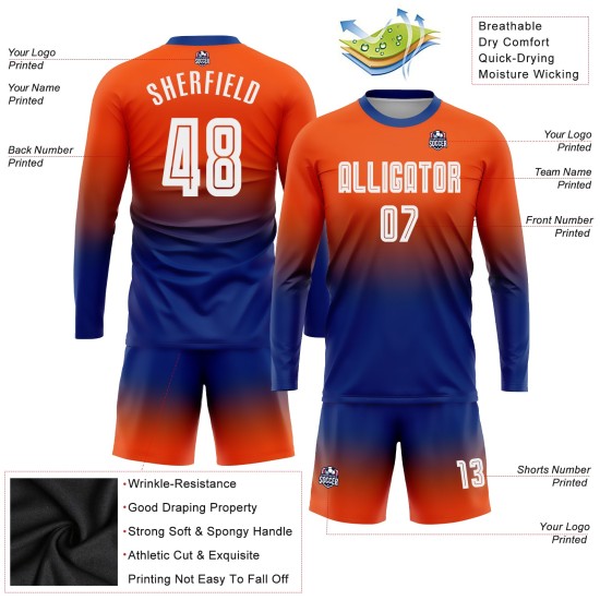 Camiseta de fútbol personalizada de sublimación con mangas en blanco y naranja real, con decoloración larga