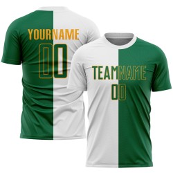 Uniforme de sublimación, camiseta blanca de fútbol dividida, personalizada, moda Kelly verde-dorado