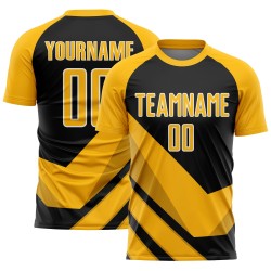 Uniforme de fútbol de sublimación con formas de flecha, camiseta dorada personalizada, negro y blanco