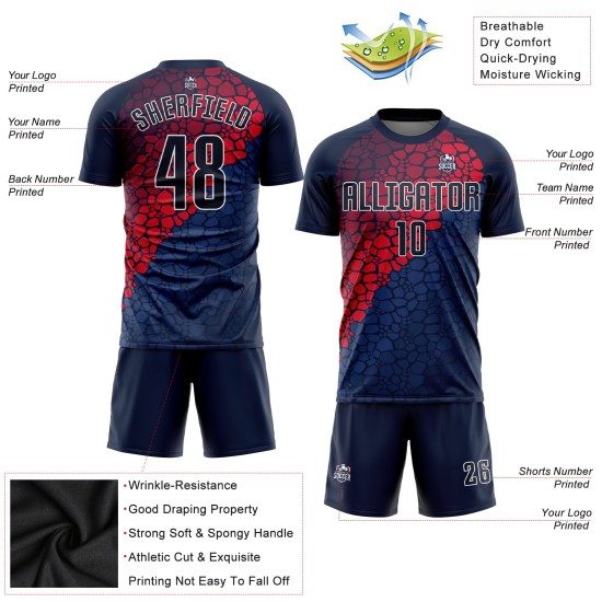 Camiseta de fútbol personalizada por sublimación, uniforme azul marino, azul marino y rojo