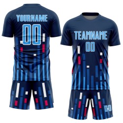 Camiseta personalizada de EE. UU., uniforme azul marino y blanco, líneas de sublimación azul cielo, fútbol