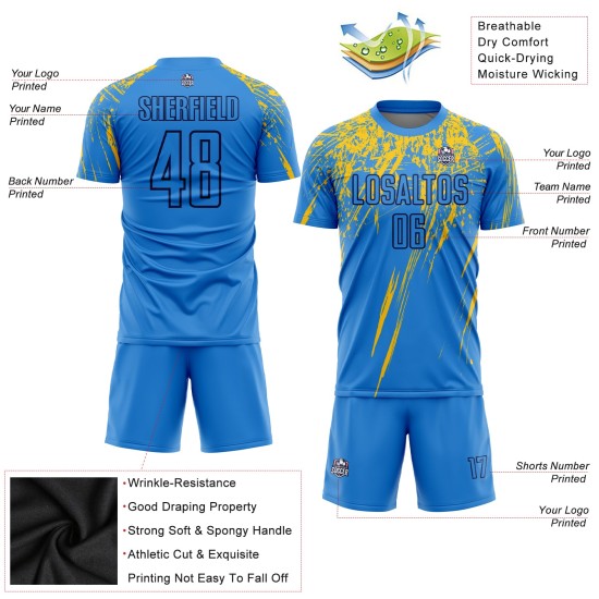 Camiseta personalizada de fútbol con sublimación de polvo azul marino y amarillo