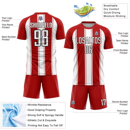 Camiseta de fútbol personalizada de línea roja, blanco y negro, sublimación Camiseta de fútbol personalizada de línea roja, blanco y negro, sublimación