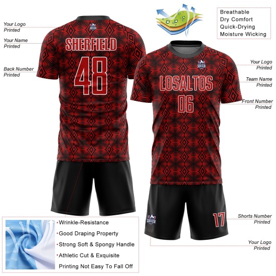 Camiseta de fútbol con diseño geométrico, color blanco y negro, personalizada, sublimación, roja