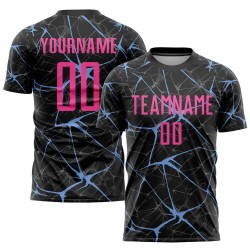 Camiseta de uniforme de fútbol negra sublimada rosa-azul claro personalizada