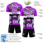 Camiseta de fútbol con estampado morado, blanco y negro, personalizada, sublimación