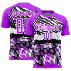 Camiseta de fútbol con estampado morado, blanco y negro, personalizada, sublimación