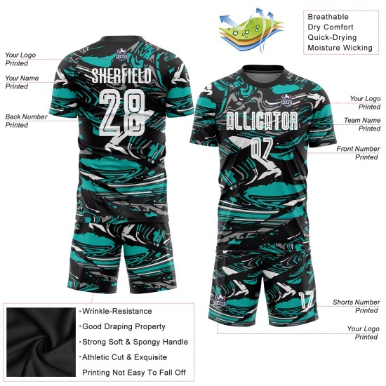 Camiseta Uniforme Blanco-Aqua Sublimación Figura Fútbol Personalizada