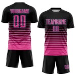 Camiseta de fútbol personalizada negra con sublimación de moda, con rayas rosa y azul claro