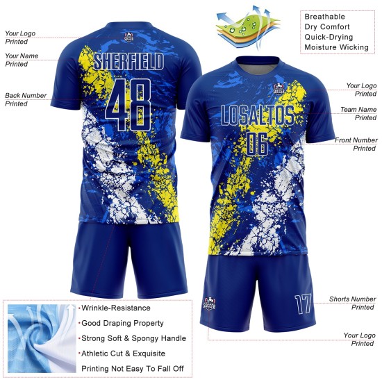 Camiseta de fútbol de sublimación, color amarillo claro y blanco, personalizada, con goteo y arte real, con salpicaduras