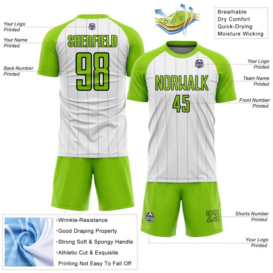 Camiseta de fútbol de sublimación de rayas verde-negra, personalizada, blanca y neón Camiseta de fútbol de sublimación de rayas verde-negra, personalizada, blanca y neón
