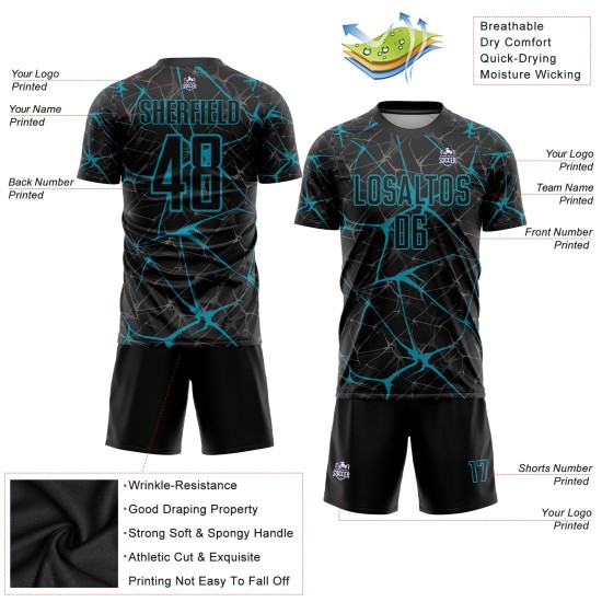 Camiseta de fútbol personalizada de sublimación en color verde azulado y negro