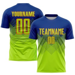 Camiseta de fútbol personalizada de sublimación neón, color verde y naranja.
