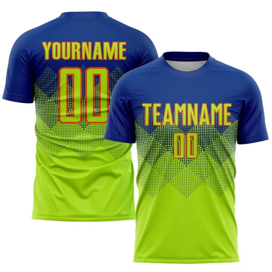 Camiseta de fútbol personalizada de sublimación neón, color verde y naranja.
