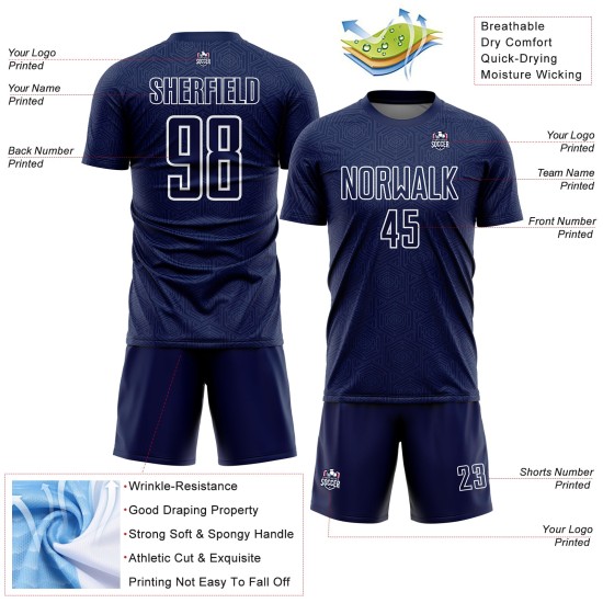Camiseta de fútbol personalizada con diseño geométrico de sublimación en color azul marino y blanco. Camiseta de fútbol personalizada con diseño geométrico de sublimación en color azul marino y blanco.