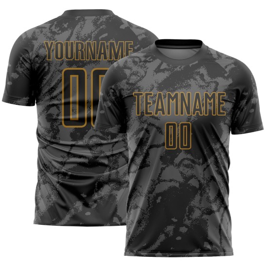 Uniforme de fútbol personalizado dorado con sublimación, arte abstracto, gris-negro antiguo grunge Uniforme de fútbol personalizado dorado con sublimación, arte abstracto, gris-negro antiguo grunge