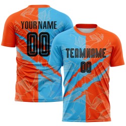 Camiseta de fútbol personalizada con estampado de grafiti de sublimación azul-naranja y negro, uniforme Sky