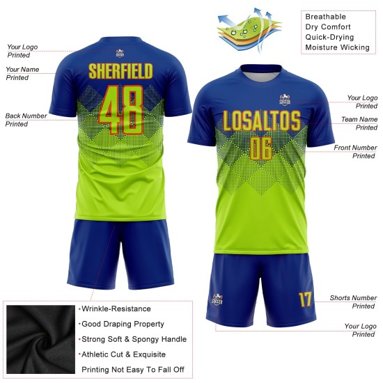 Camiseta de fútbol personalizada de sublimación neón, color verde y naranja.