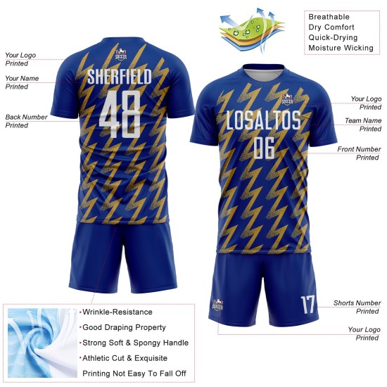 Camiseta de fútbol personalizada dorada con sublimación, color blanco y zigzag antiguo.