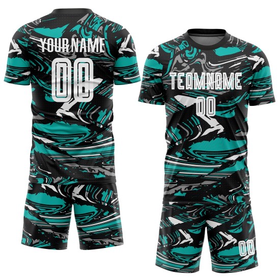 Camiseta Uniforme Blanco-Aqua Sublimación Figura Fútbol Personalizada
