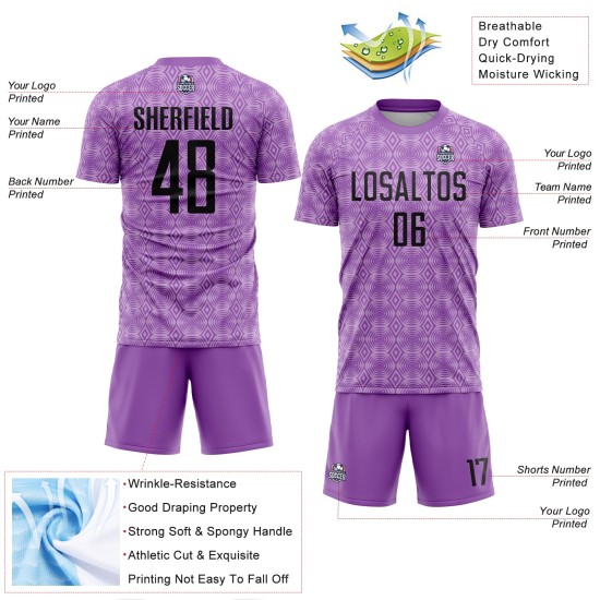 Camiseta de fútbol personalizada de sublimación geométrica morada, tamaño mediano, con formas negras y moradas Camiseta de fútbol personalizada de sublimación geométrica morada, tamaño mediano, con formas negras y moradas