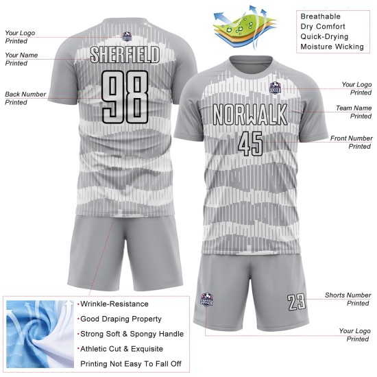 Camiseta de fútbol personalizada de sublimación, color blanco y negro, con rayas grises Camiseta de fútbol personalizada de sublimación, color blanco y negro, con rayas grises